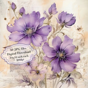 Paquete de imágenes prediseñadas de flores moradas con estilo shabby chic sobre letras envejecidas: 10 archivos JPG de acuarela de alta calidad. Material para diario, álbumes de recortes y descarga digital.