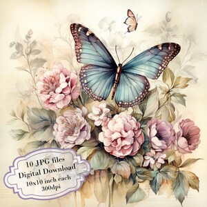 Paquete de imágenes prediseñadas de mariposas con flores estilo shabby chic: 10 imágenes en acuarela de alta calidad (JPG) para decoupage, diario, scrapbooking y descarga digital.