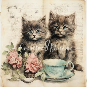 Paquete de imágenes prediseñadas de gatitos vintage estilo shabby chic para páginas de periódico: 10 imágenes en acuarela de alta calidad (JPG) para decoupage, diario, álbum de recortes y descarga digital.