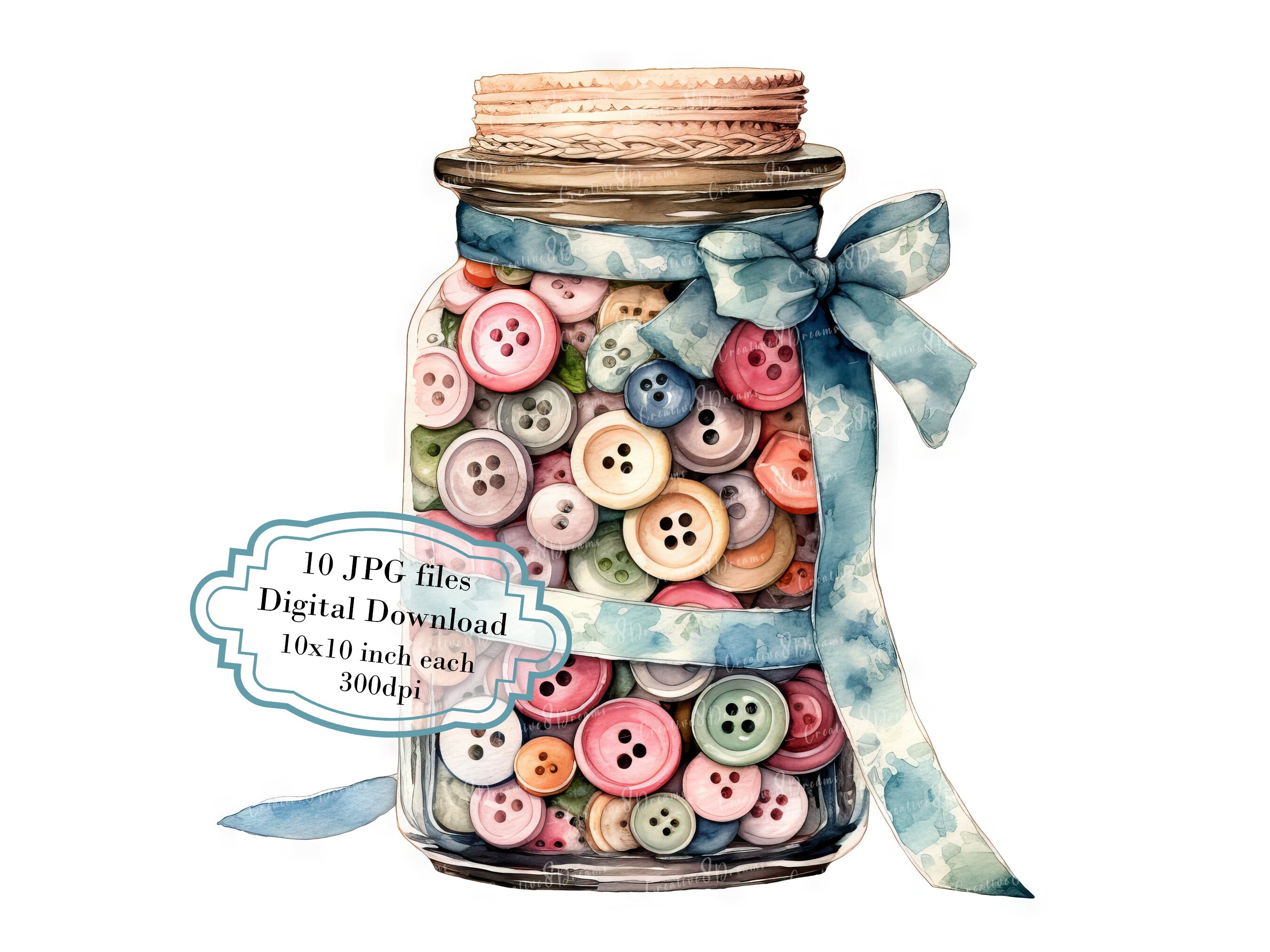 Vintage Sewing Buttons in a Jar with Ribbon PNG Clipart Bundle- Digital Download