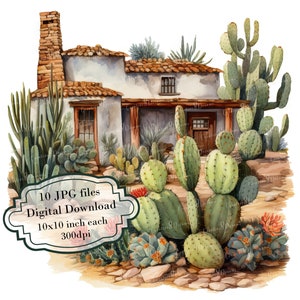 Pacote de clipart de uma casa no deserto cercada por cactos - 10 JPGs em aquarela de alta qualidade - Velho Oeste, diário de lixo, scrapbooking, download digital