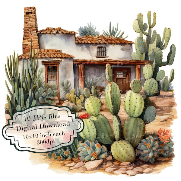 A Desert Home Surrounded by Cacti Clipart Bundle- 10 High Quality Watercolor JPGs-Wild West, Junk Journaling, Scrapbooking, Digital Download