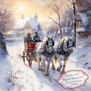 Horse Carriage Through Snowy Countryside Clipart Bundle- 10 High Quality Watercolor JPGs- Winter, Journaling, Scrapbooking, Digital Download
