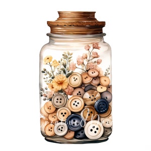 May include: A glass jar filled with a variety of buttons in shades of brown, beige, and blue. The jar is topped with a cork lid and decorated with dried flowers in shades of yellow and pink.