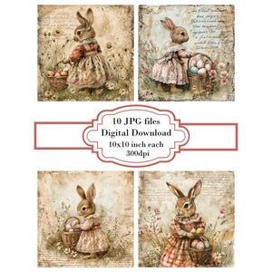 Hase im Kleid mit Osterkorb Vintage Seite JPG Clipart Bundle-Digital Download