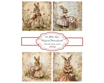 Bunny in Dress with Easter Basket Vintage Page JPG Clipart Bundle- Digital Download