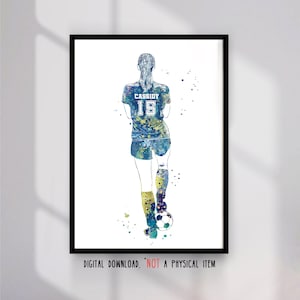 Soccer Player Girl with Ball Personalized Custom Name and Number Sport Poster Watercolor European Football Player Gift Printable Wall Art