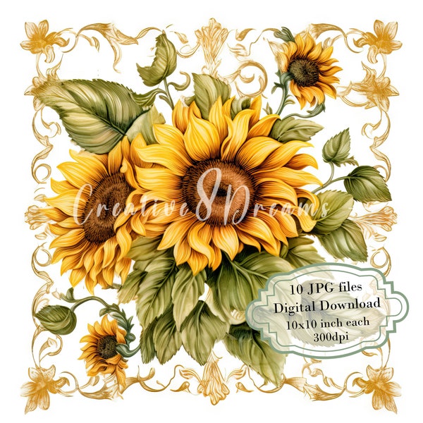 Vintage Sunflower Napkins Clipart Bundle- 10 High Quality Watercolor JPGs- Decoupage, Craft, Journaling, Scrapbooking, Digital Download