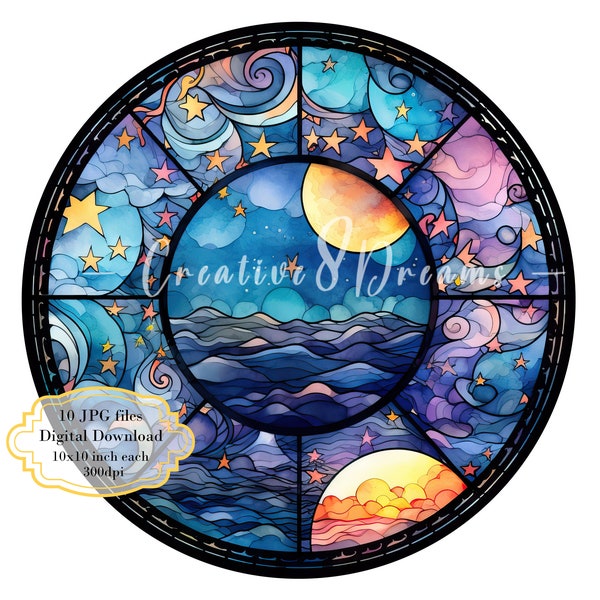 Stained Glass Moon with Starry Night Sky Clipart Bundle- 10 High Quality Watercolor JPGs- Journaling, Scrapbook Supply, Digital Download