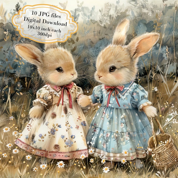 Cute Bunnies in Vintage Dresses Clipart Bundle- 10 High Quality Watercolor JPGs- Easter Craft, Journaling, Scrapbook, Digital Download