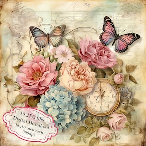 Horloge florale Shabby Chic vintage Page Clipart Bundle - 10 JPG aquarelles de haute qualité - créations artisanales, journalisation, scrapbooking, téléchargement numérique