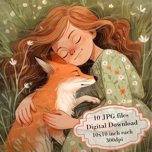 Pacote de clipart de menina dormindo com sua raposa em flores silvestres - 10 JPGs em aquarela de alta qualidade - Prado, diário, scrapbooking, download digital