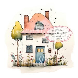 Schattig huisje met tuin schets clipartbundel-10 hoge kwaliteit aquarel JPGs-Craft, journaling, scrapbooking, digitale download