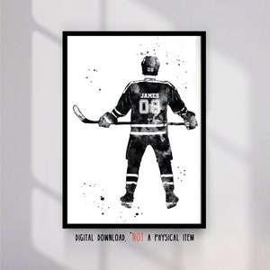 Hockeyspieler Junge Personalisierter Name und Nummer Sport Poster Aquarell Hockeyspieler Geschenk druckbare Kunst