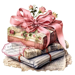 Vintage Zeitungen mit rosa Rosen und Schleife PNG Clipart Bundle- Digital Download