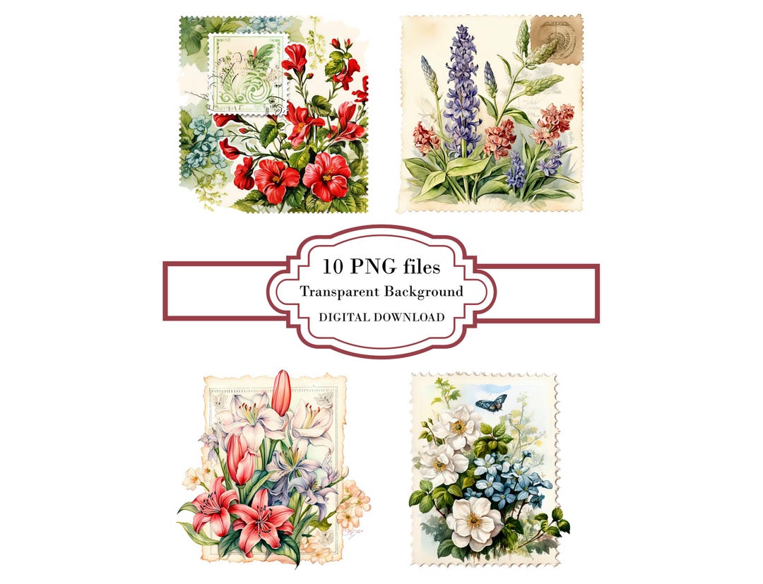 Vintage Floral Postage Stamp PNG Clipart Bundle- Digital Download - Etsy