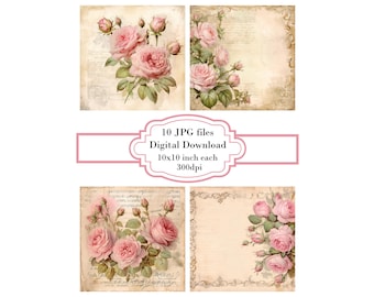 Pink Roses on a Vintage Letter JPG Clipart Bundle- Digital Download