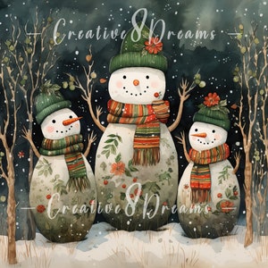 Pacchetto Clipart di una famiglia di pupazzi di neve scandinavi - 10 JPG acquerellati di alta qualità - Paesaggio invernale, per journaling, scrapbooking, download digitale