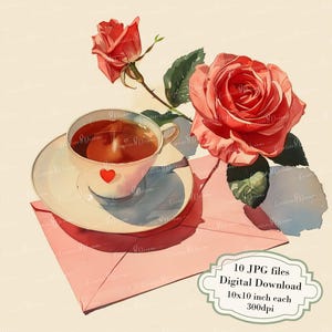 Paquete de imágenes prediseñadas de carta de amor rosa con rosa roja y taza de té: 10 archivos JPG de acuarela de alta calidad para diario, scrapbooking y descarga digital.