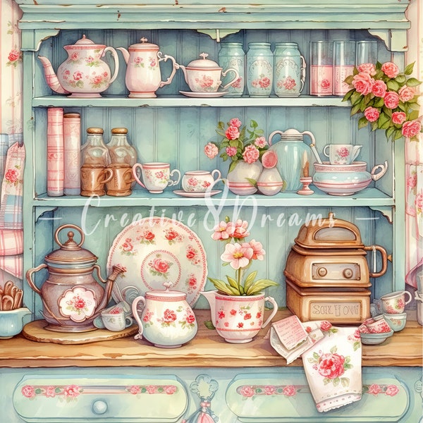 Shabby Chic Kitchen Cabinet Clipart Bundle- 10 High Quality Watercolor JPGs- Decoupage Craft, Journaling, Scrapbooking, Digital Download