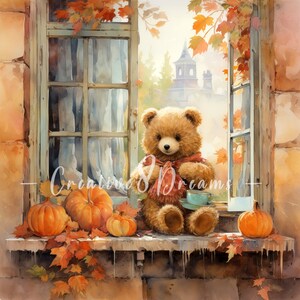 Teddy Bear in Autumn Window Scenery Clipart Bundle- 10 High Quality ...