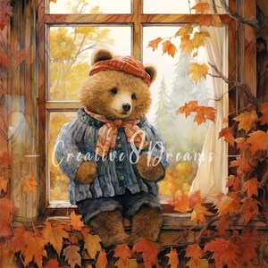 Teddy Bear in Autumn Window Scenery Clipart Bundle- 10 High Quality ...