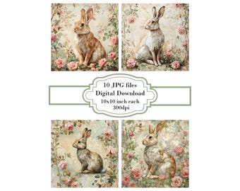 Shabby Chic Hare in Rose Garden JPG Clipart Bundle- Digital Download