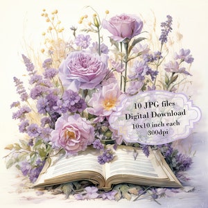 Open boek met zachte paarse roze bloemen clipartbundel-10 hoge kwaliteit aquarel jpg's-craft, journaling, scrapbooking, digitale download