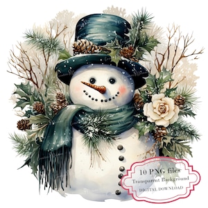 Pacote de clipart vintage de boneco de neve - 10 PNGs de aquarela de alta qualidade - Férias de inverno, diário, suprimentos para scrapbook, download digital