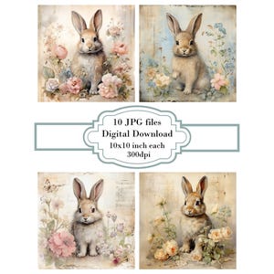 Shabby Chic Rabbit with Flowers JPG Clipart Bundle- Digital Download