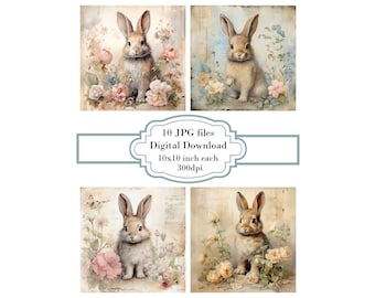 Shabby Chic Rabbit with Flowers JPG Clipart Bundle- Digital Download