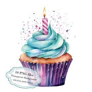 Birthday Cupcake Clipart Bundle- 10 High Quality Watercolor PNGs- Celebration, Craft, Junk Journaling, Scrapbooking, Digital Download
