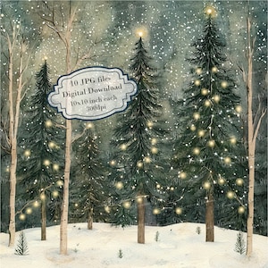 Forêt de pins enneigée avec des lumières de Noël Clipart Bundle - 10 fichiers JPG aquarelles de haute qualité - vacances, journalisation, scrapbooking, téléchargement numérique