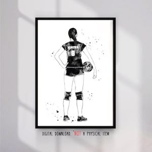 Póster deportivo de acuarela con nombre y número personalizado de jugadora de balonmano con pelota, regalo para niñas, arte digital imprimible