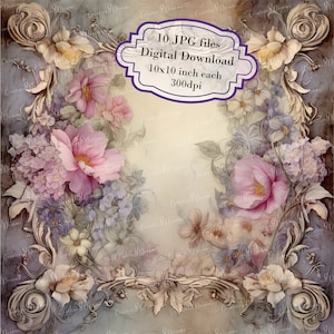 Pacchetto di clipart con pagina incorniciata floreale barocca - 10 JPG acquerellati di alta qualità - Decoupage, journaling, scrapbooking, download digitale
