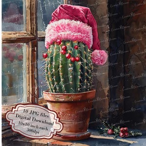 Paquete de imágenes prediseñadas de cactus con gorro rosa de invierno en el alféizar de la ventana: 10 imágenes en acuarela de alta calidad (JPG) - Invierno, diario y scrapbooking - Descarga digital
