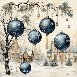 Vintage Blue Christmas Aged Paper JPG Clipart Bundle- Digital Download