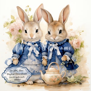 Deux petits lapins en vêtements vintage Clipart Bundle - 10 JPG aquarelles de haute qualité - Pâques artisanat, journalisation, scrapbooking, téléchargement numérique