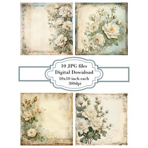 Paquete de imágenes prediseñadas JPG de página vintage con rosas blancas - Descarga digital