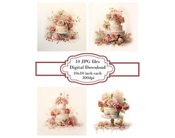 Shabby Chic White Wedding Cake with Roses JPG Clipart Bundle- Digital Download
