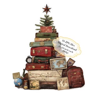 Weihnachtsbaum aus Koffern Clipart Bundle-10 hochwertige Aquarell JPGs - Urlaub, Journaling, Scrapbooking, digitaler Download
