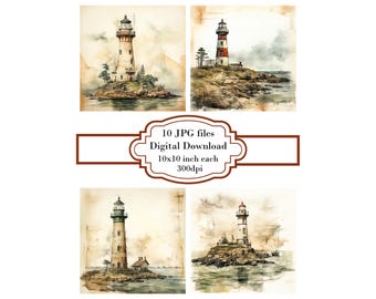 Vintage Lighthouse on Aged Paper JPG Clipart Bundle- Digital Download