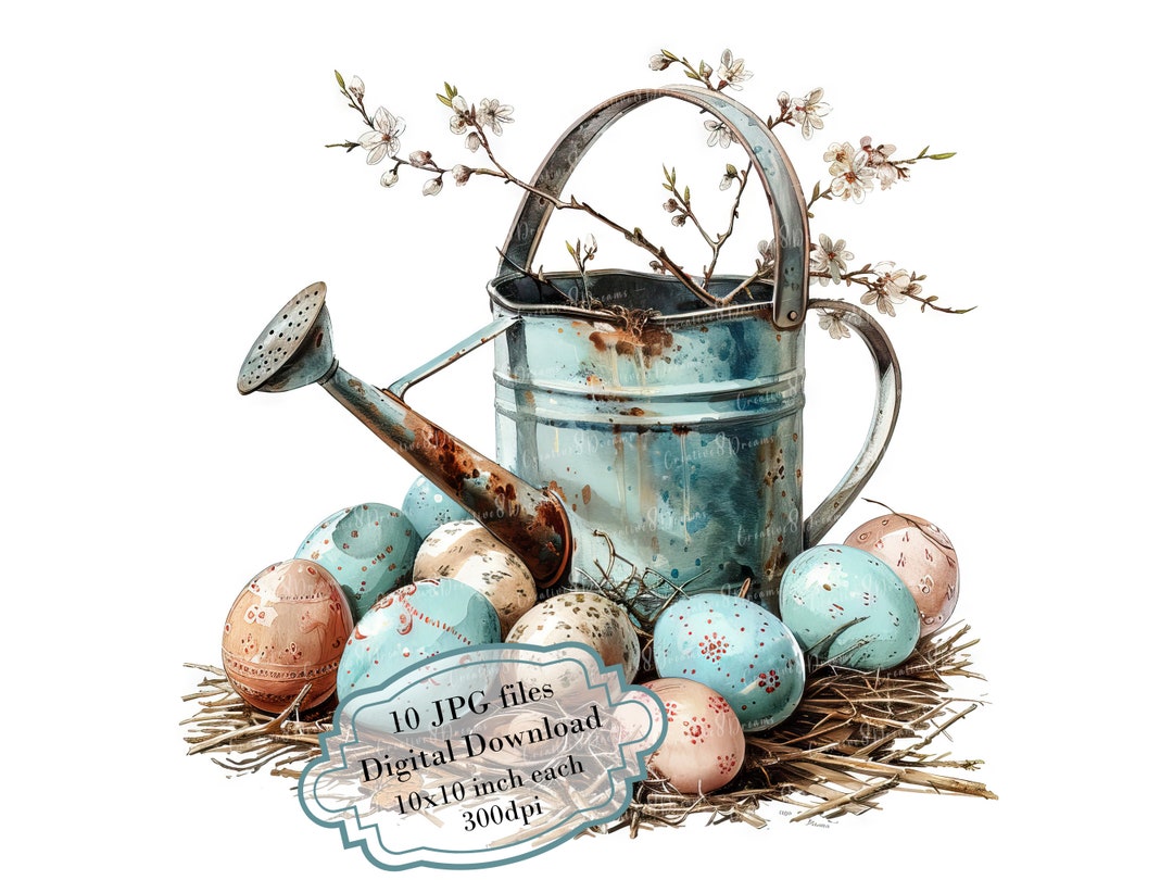 Vintage Rusty Watering Can With Easter Eggs JPG Clipart Bundle- Digital ...