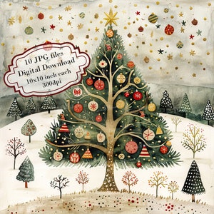 Pacchetto Clipart di Alberi di Natale Scandinavi - 10 JPG ad Acquerello di Alta Qualità - Vacanze Invernali, Journaling, Scrapbooking, Download Digitale