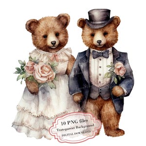 Vintage Wedding Teddy Bears Clipart Bundle- 10 High Quality Watercolor PNGs- Bride and Groom, Journaling, Scrapbooking, Digital Download