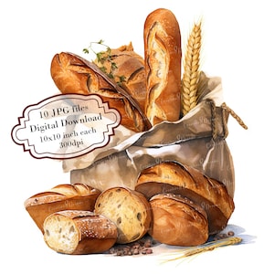 Raccolta di clipart di pane in borsa della spesa - 10 immagini JPG di acquerelli di alta qualità - Arte da cucina, artigianato, journaling, forniture per album, download digitale