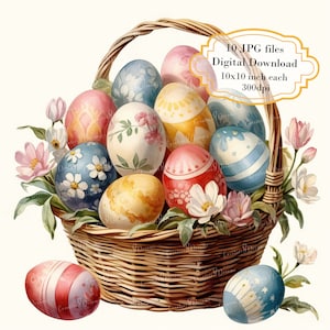 Shabby Chic Korb mit bunten Ostereiern Clipart Bundle - 10 hochwertige Aquarell JPGs - Journaling, Scrapbook Versorgung, digitaler Download