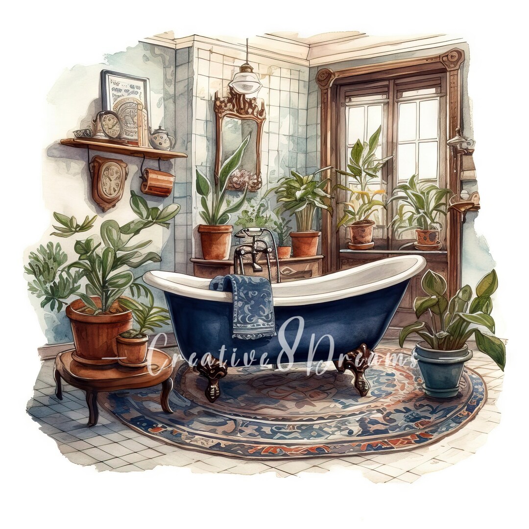 Vintage Bathroom Clipart Bundle- 10 High Quality Watercolor Jpgs- Junk ...