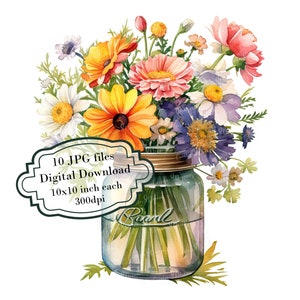 Pacote de clipart de buquê de flores silvestres em um jarro - 10 JPGs em aquarela de alta qualidade - Jardim, artesanato, diário, scrapbooking, download digital
