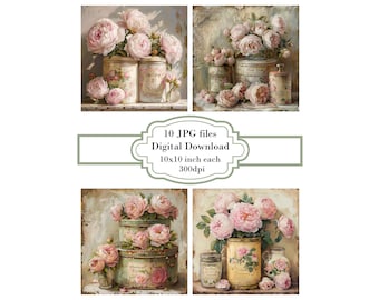 Shabby Chic Tin Boxes with Pink Roses JPG Clipart Bundle- Digital Download